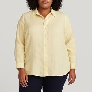 J Jill 100% Linen Button Front Shirt Long Sleeve Top Yellow Cream Women’s 2X